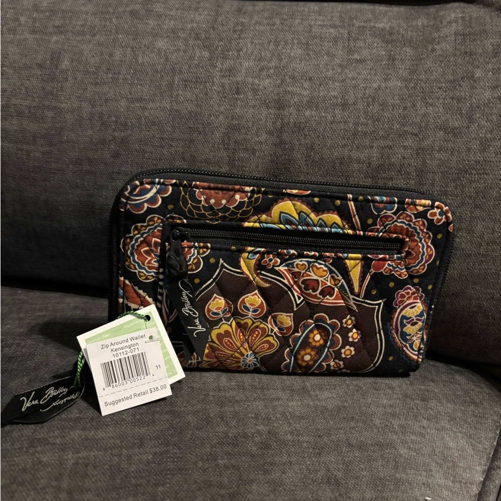 Vera Bradley Black Quilted Zip-Around Wallet with Multicolor Floral Paisley